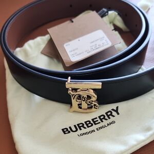 Burberry Women Black and Brown Leather Belt with Gold Buckle